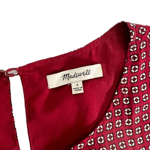 Madewell Women's Size 2 Silk Short Sleeve Ascot Tile Drop Waist Dress Burgundy - Picture 4 of 12